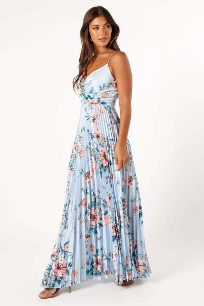 Naira Pleated Maxi Dress - Blue Floral-Sunny Prom