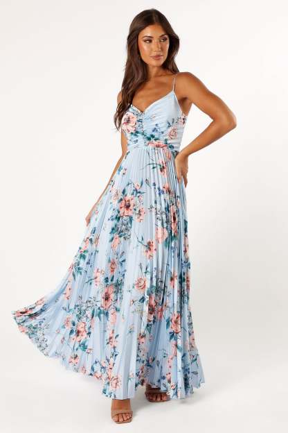 Naira Pleated Maxi Dress - Blue Floral-Sunny Prom
