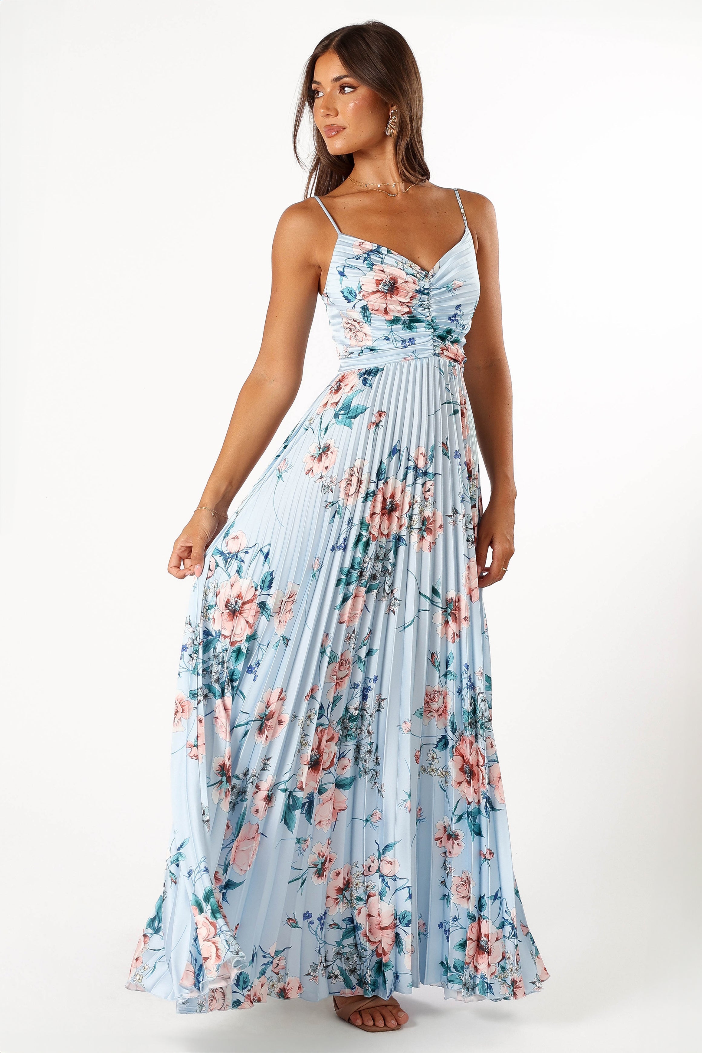 Naira Pleated Maxi Dress - Blue Floral-Sunny Prom