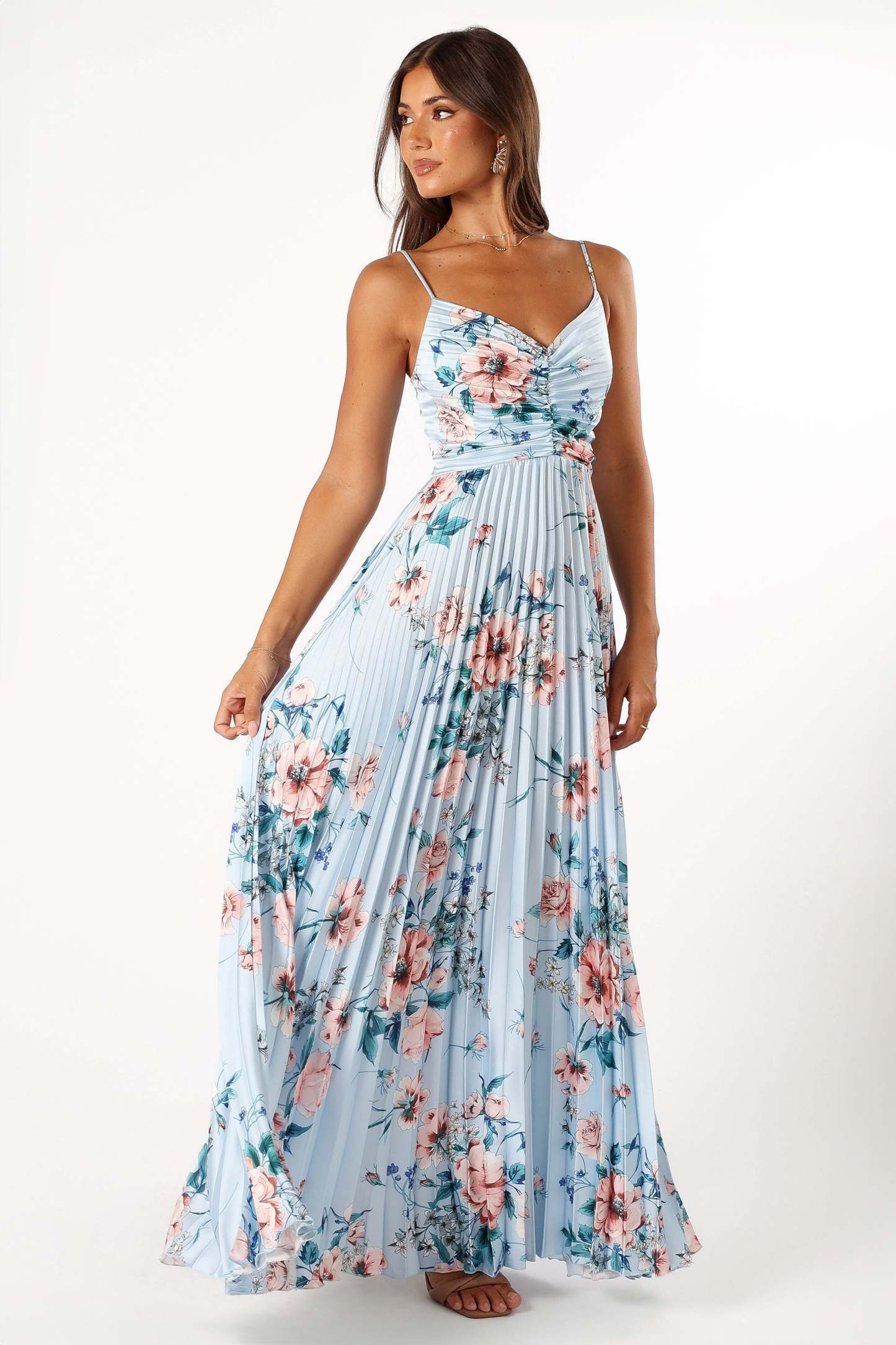 Naira Pleated Maxi Dress - Blue Floral-Sunny Prom