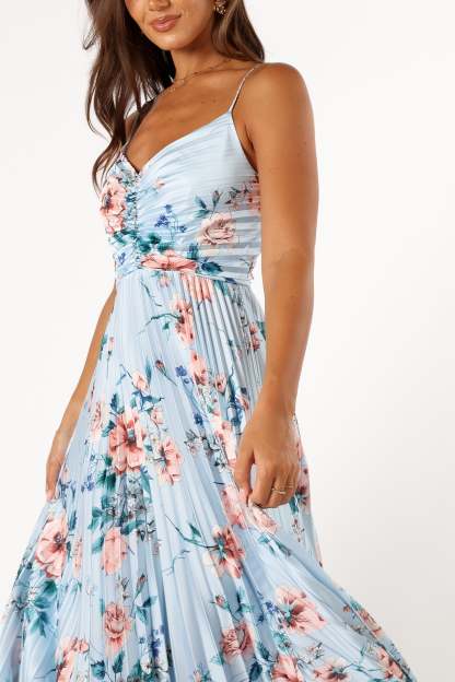 Naira Pleated Maxi Dress - Blue Floral-Sunny Prom
