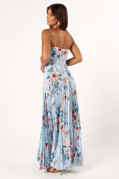 Naira Pleated Maxi Dress - Blue Floral-Sunny Prom
