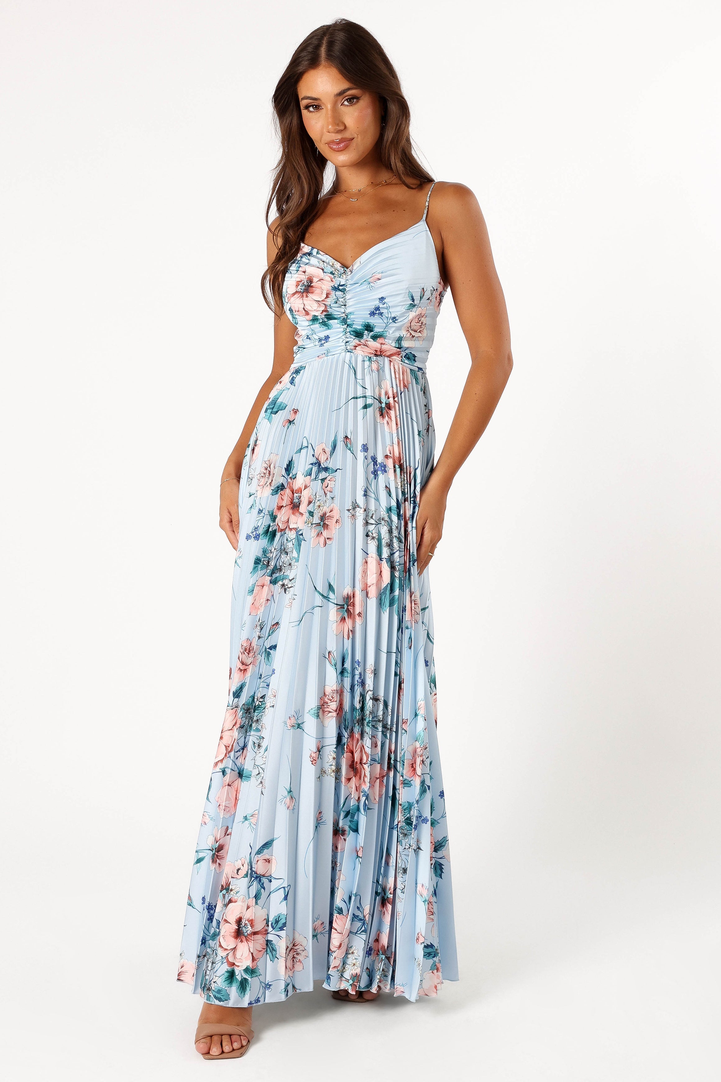 Naira Pleated Maxi Dress - Blue Floral-Sunny Prom