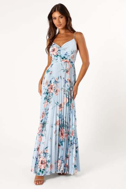 Naira Pleated Maxi Dress - Blue Floral-Sunny Prom