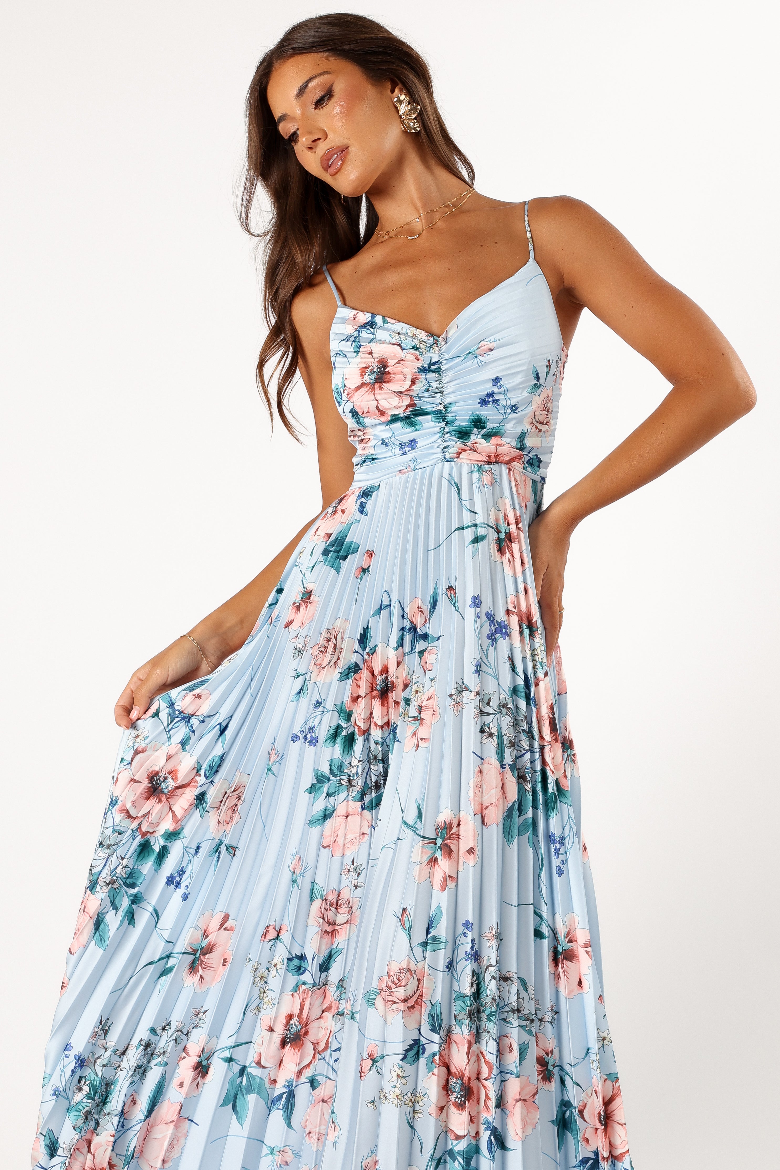 Naira Pleated Maxi Dress - Blue Floral-Sunny Prom