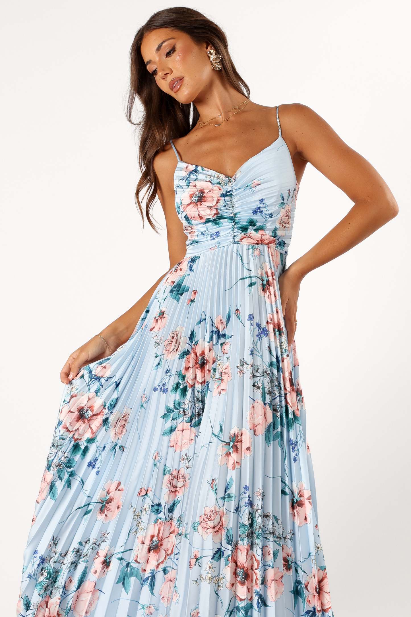 Naira Pleated Maxi Dress - Blue Floral-Sunny Prom