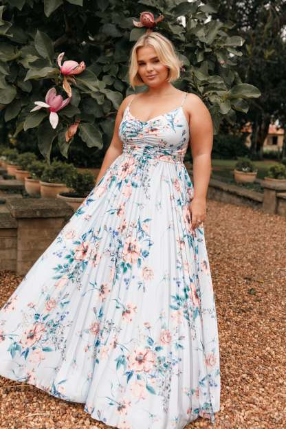 Naira Pleated Maxi Dress - Blue Floral-Sunny Prom