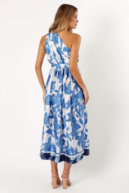 Naomi One Shoulder Midi Dress - Blue Floral-Sunny Prom
