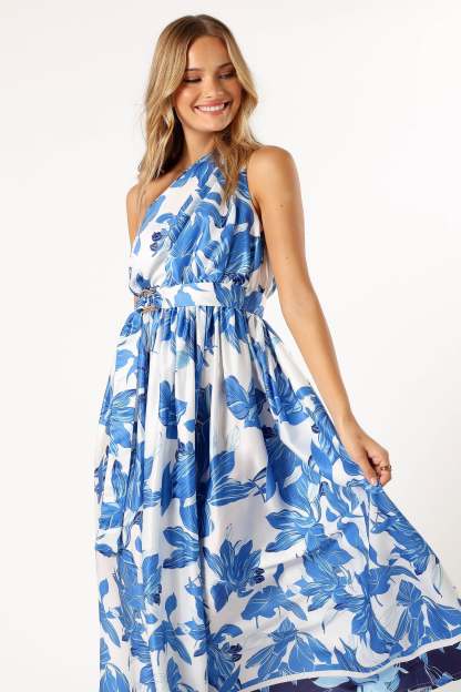 Naomi One Shoulder Midi Dress - Blue Floral-Sunny Prom