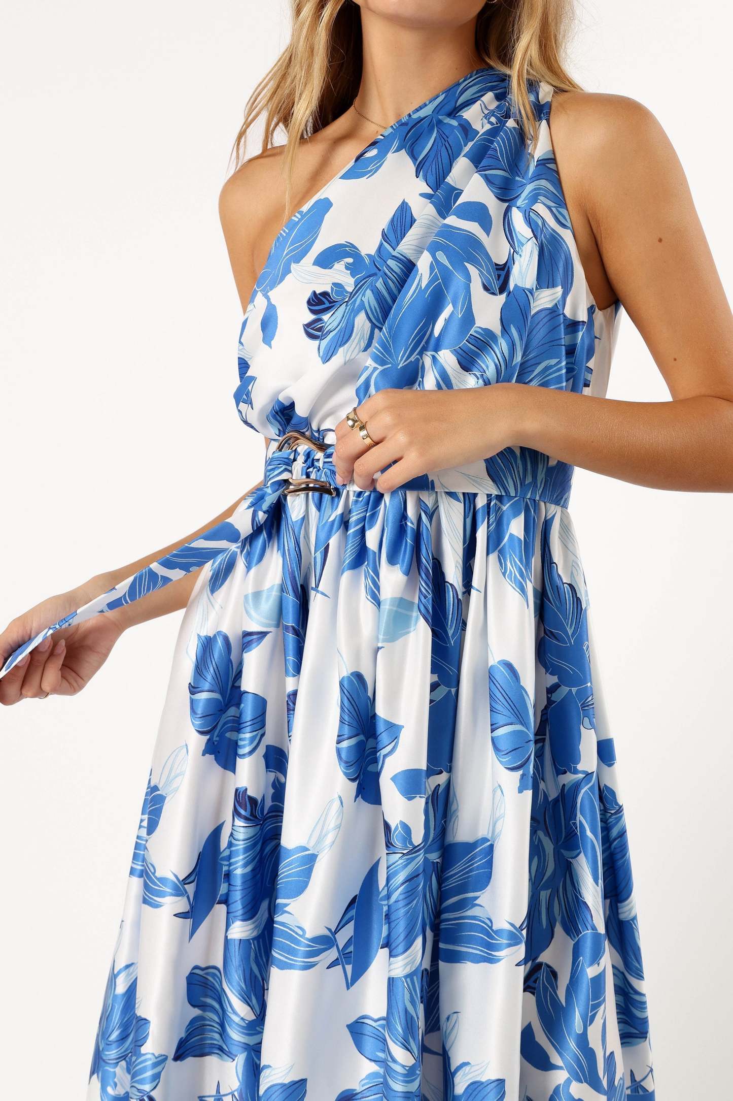 Naomi One Shoulder Midi Dress - Blue Floral-Sunny Prom