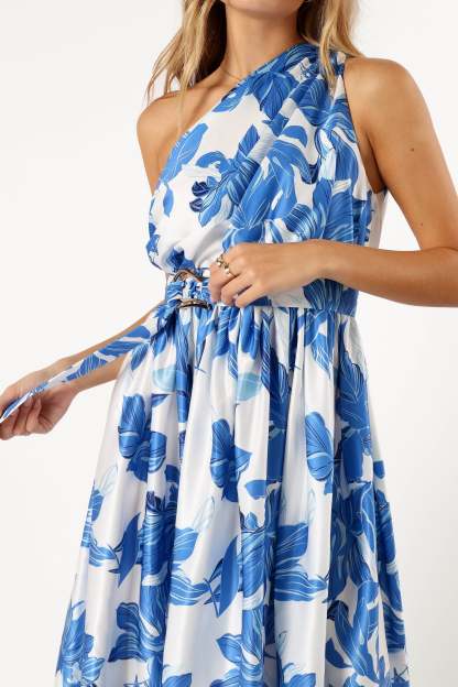 Naomi One Shoulder Midi Dress - Blue Floral-Sunny Prom