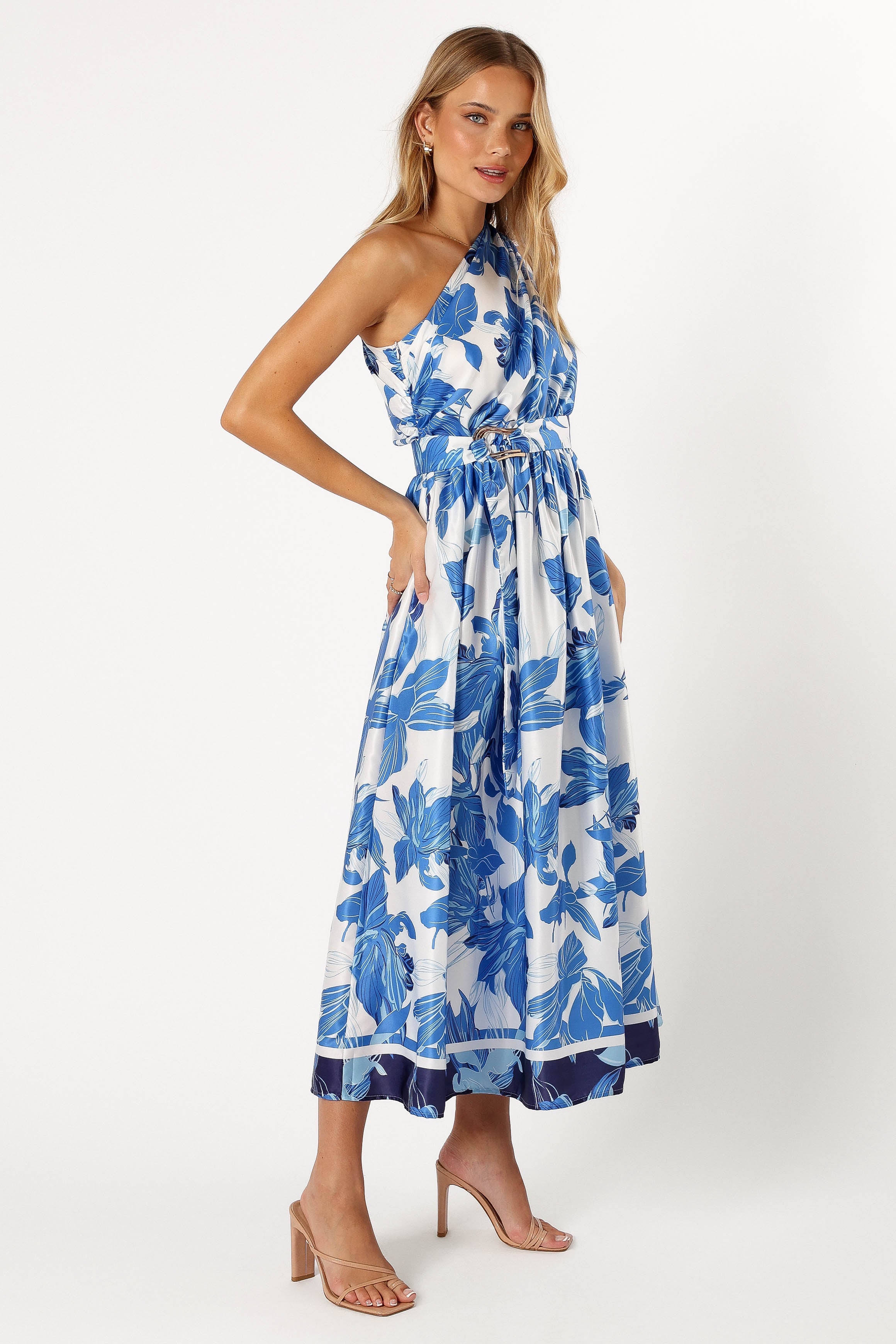 Naomi One Shoulder Midi Dress - Blue Floral-Sunny Prom