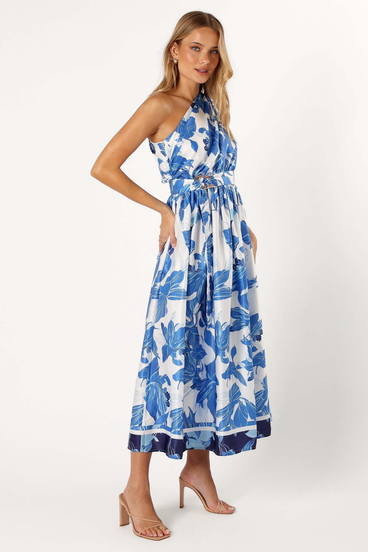 Naomi One Shoulder Midi Dress - Blue Floral-Sunny Prom
