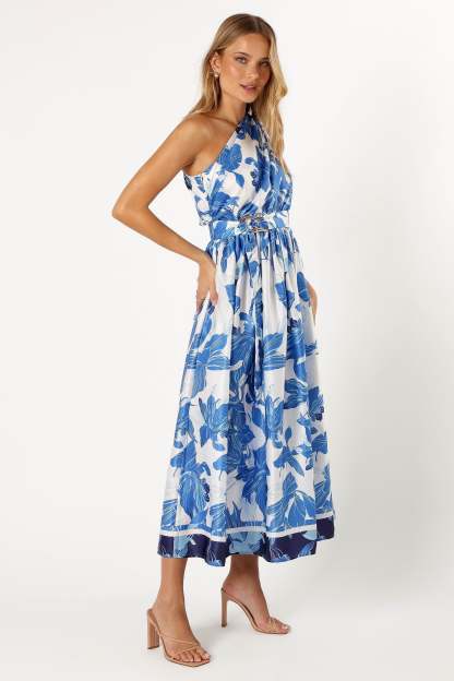 Naomi One Shoulder Midi Dress - Blue Floral-Sunny Prom