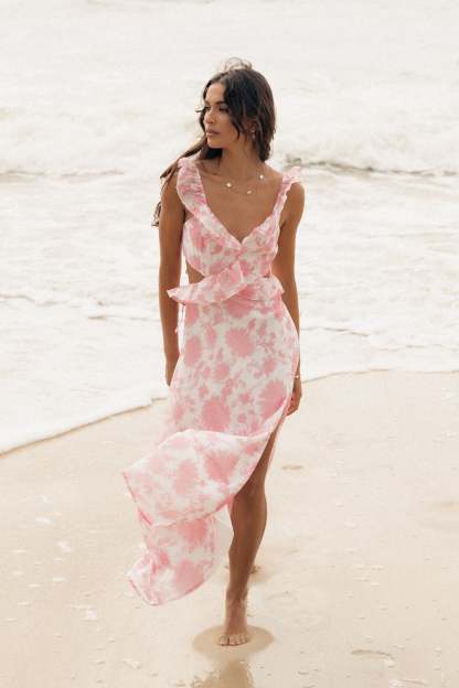 Rori Ruffle Maxi Dress - Pink Floral-Sunny Prom