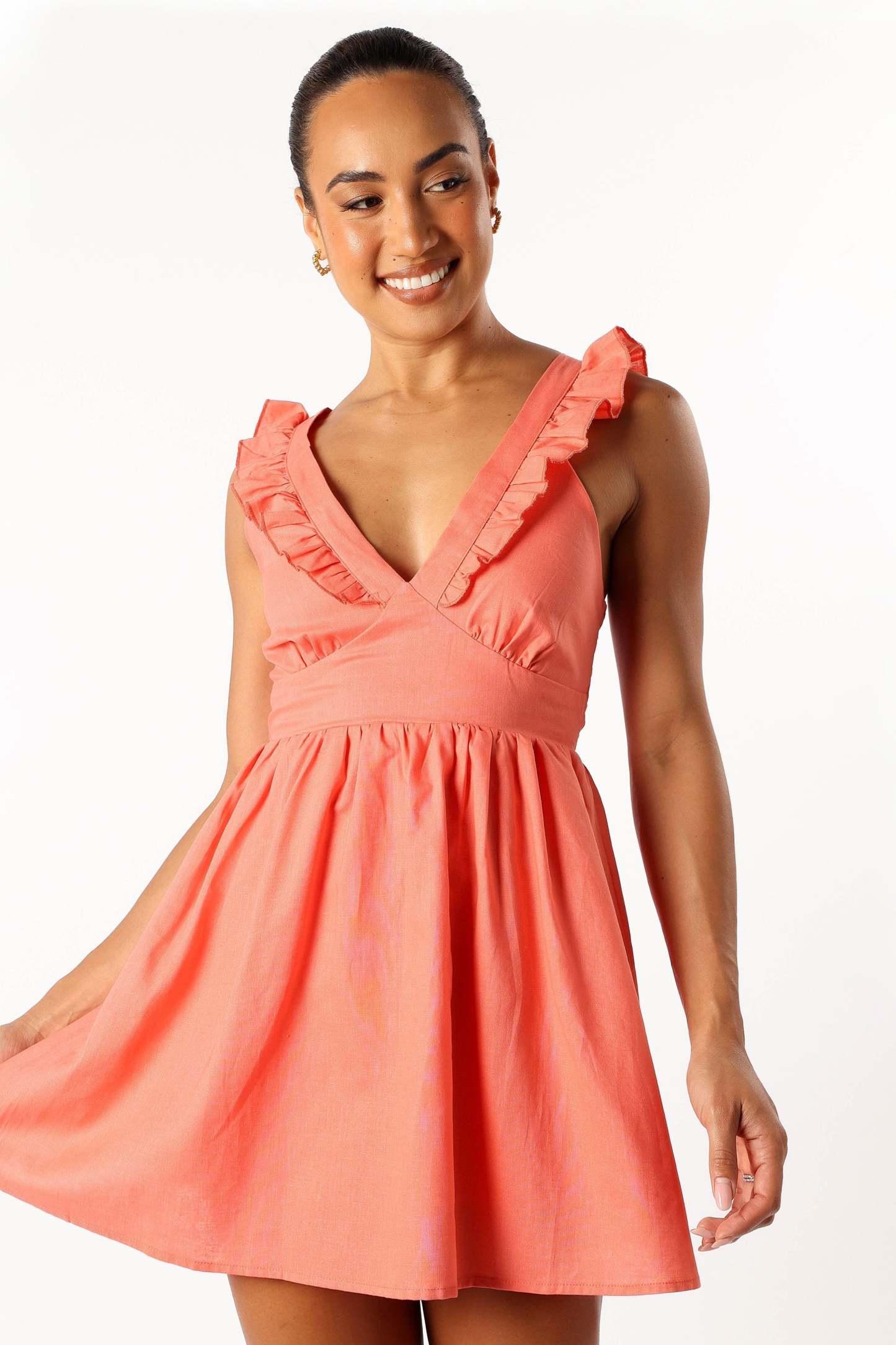 Rowan Frill Mini Dress - Coral-Sunny Prom