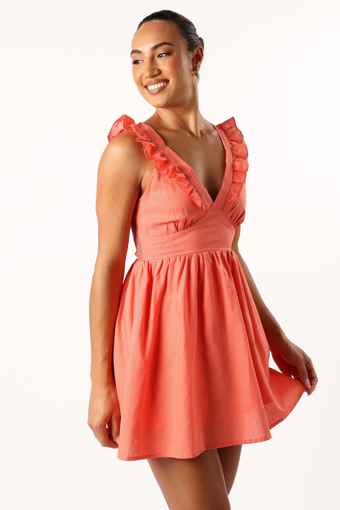 Rowan Frill Mini Dress - Coral-Sunny Prom
