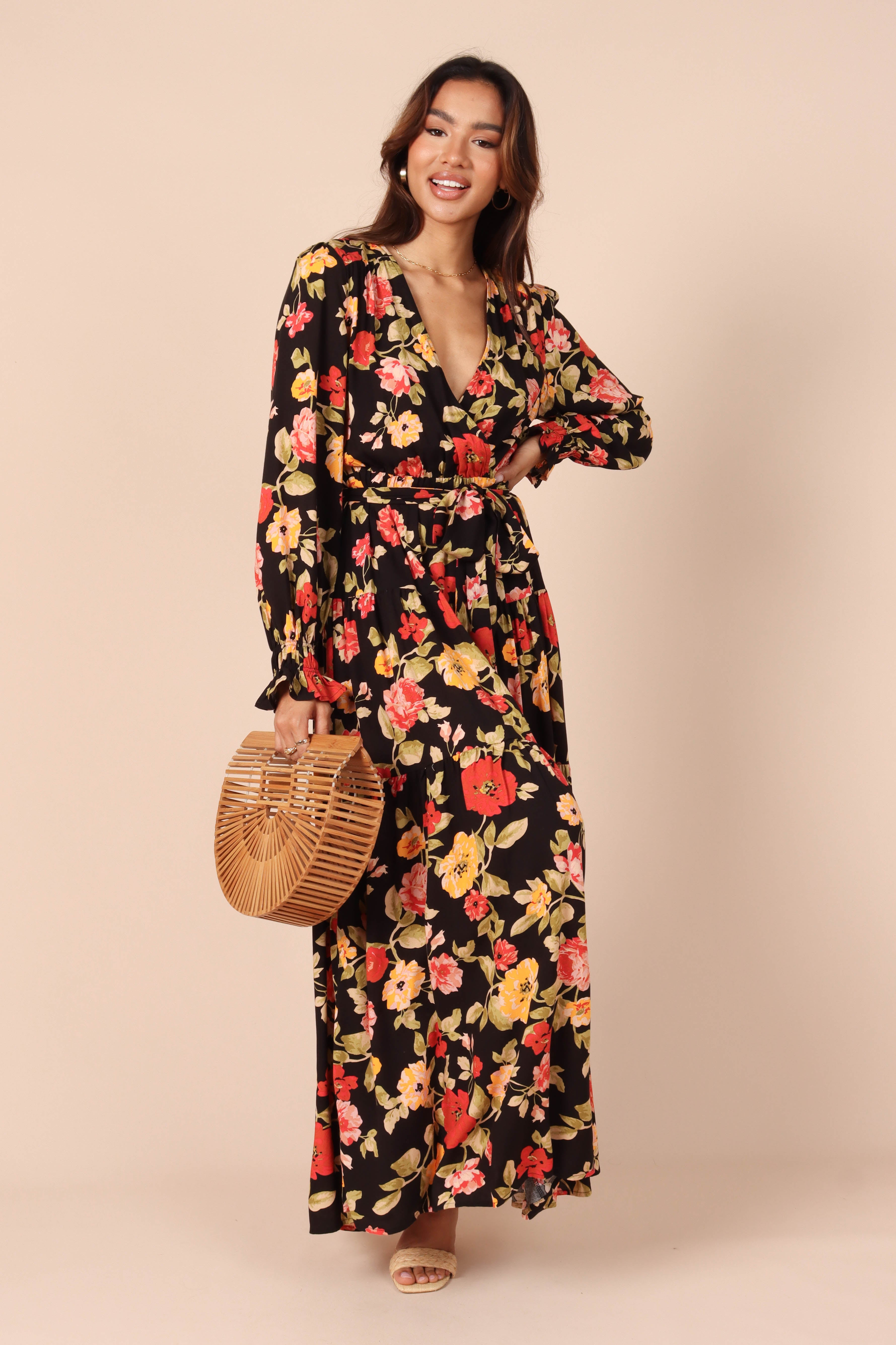 Ruana Maxi Dress - Black Floral-Sunny Prom