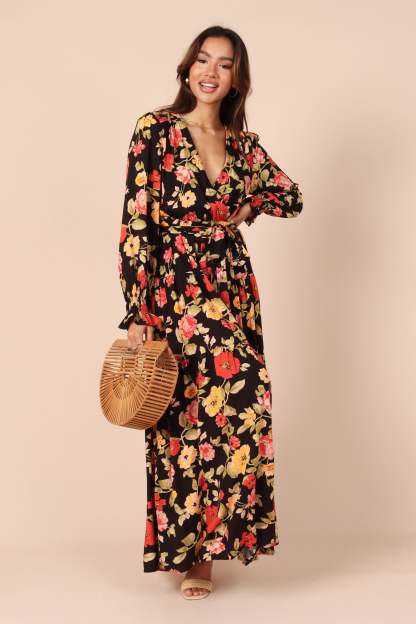 Ruana Maxi Dress - Black Floral-Sunny Prom