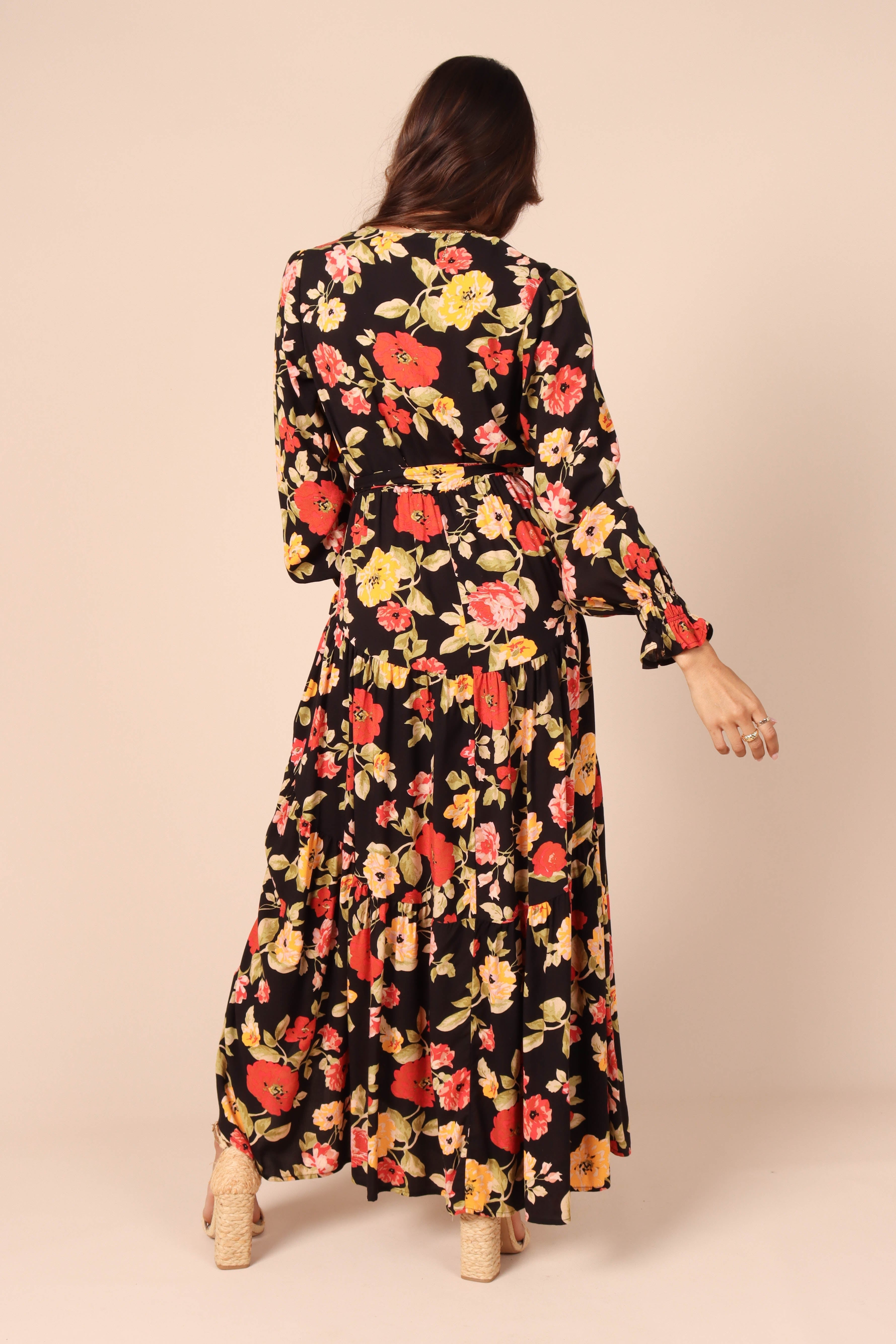 Ruana Maxi Dress - Black Floral-Sunny Prom