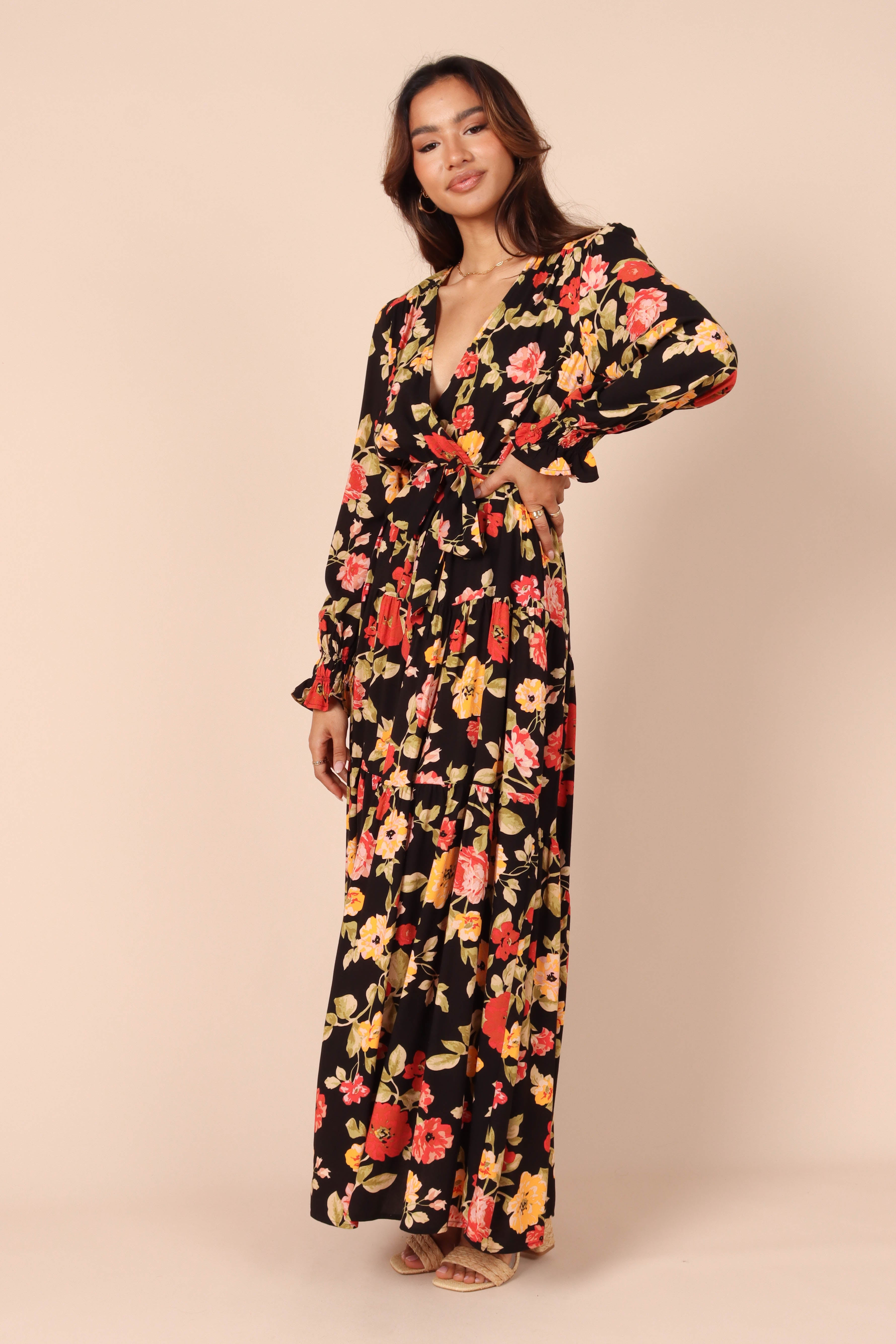 Ruana Maxi Dress - Black Floral-Sunny Prom