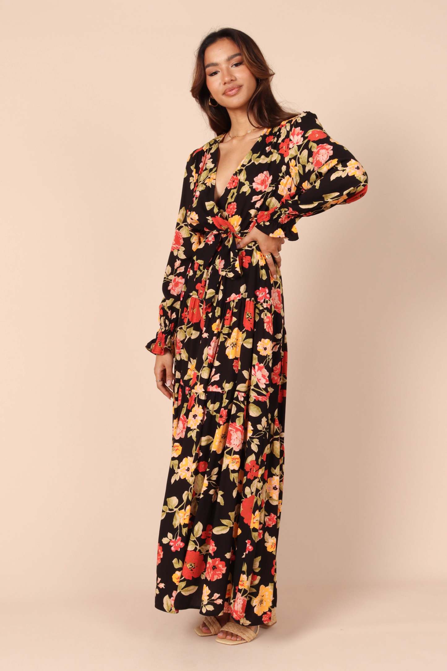 Ruana Maxi Dress - Black Floral-Sunny Prom