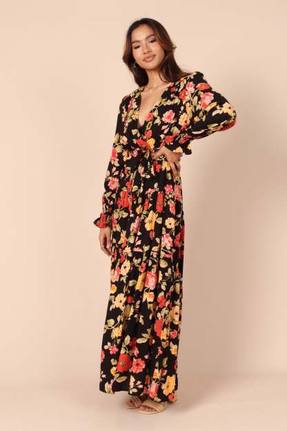 Ruana Maxi Dress - Black Floral-Sunny Prom
