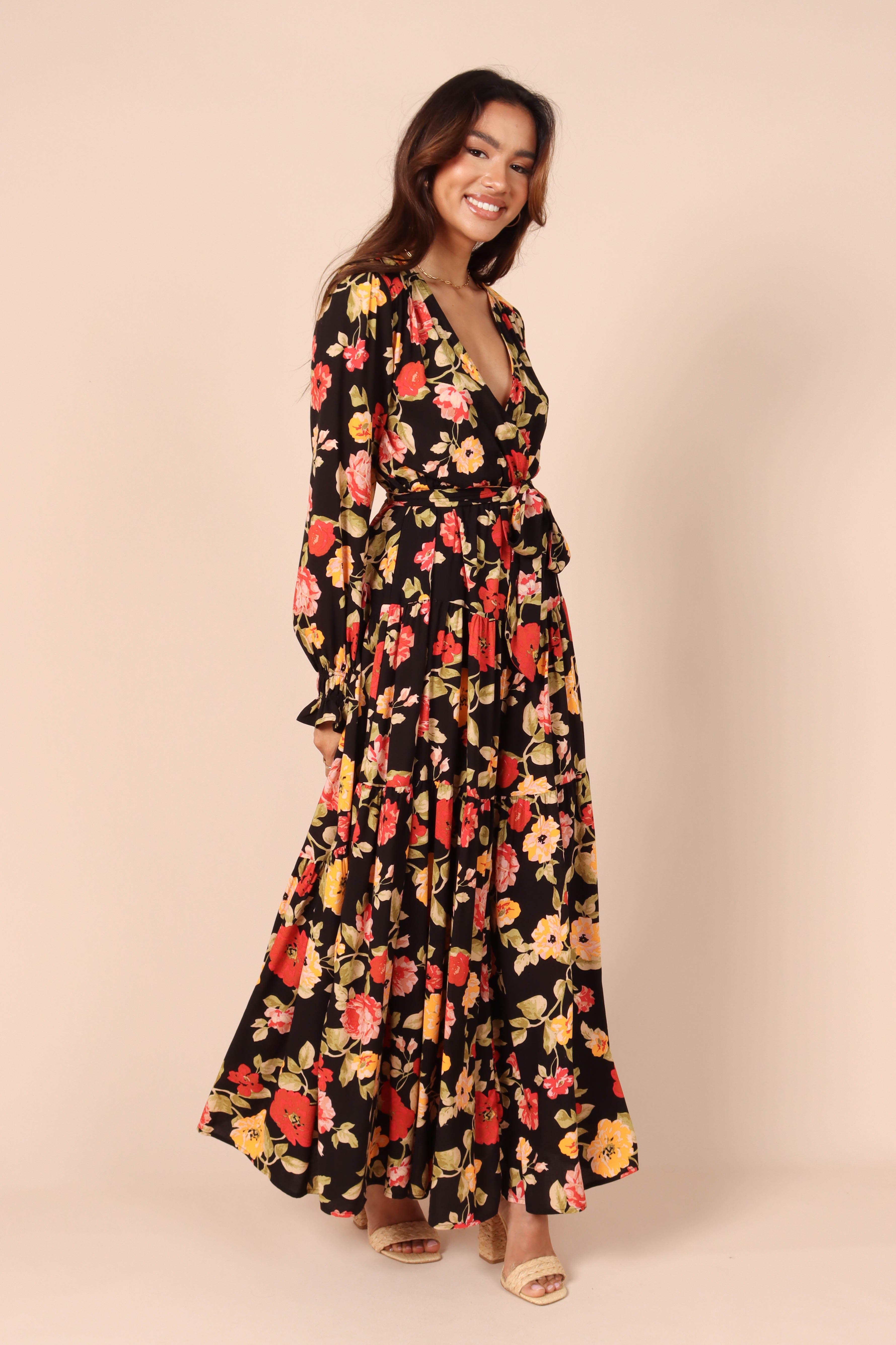 Ruana Maxi Dress - Black Floral-Sunny Prom