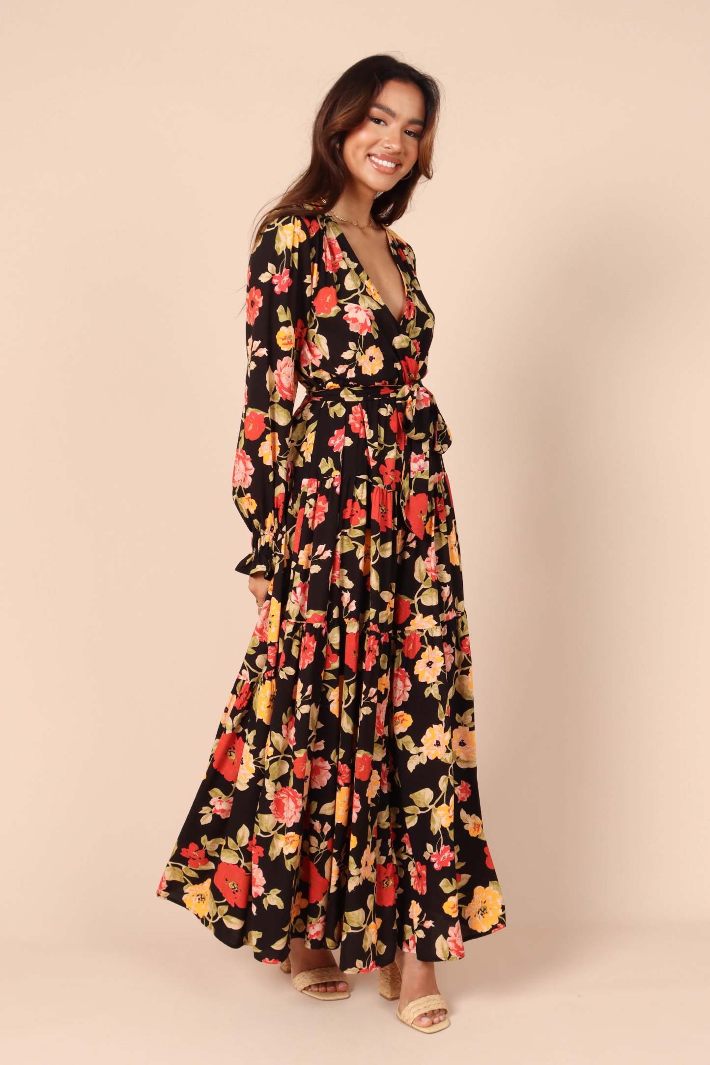 Ruana Maxi Dress - Black Floral-Sunny Prom