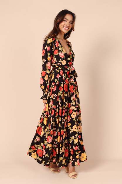 Ruana Maxi Dress - Black Floral-Sunny Prom