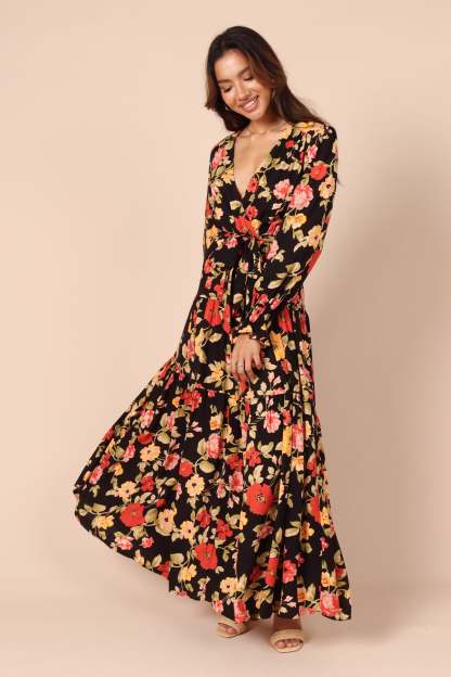 Ruana Maxi Dress - Black Floral-Sunny Prom