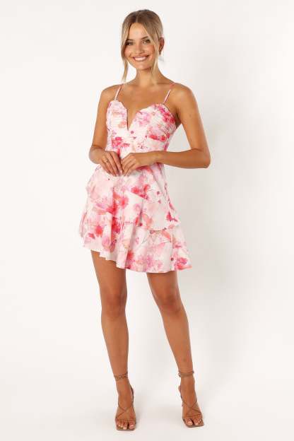 Sanal Tiered Mini Dress - Pink Floral-Sunny Prom