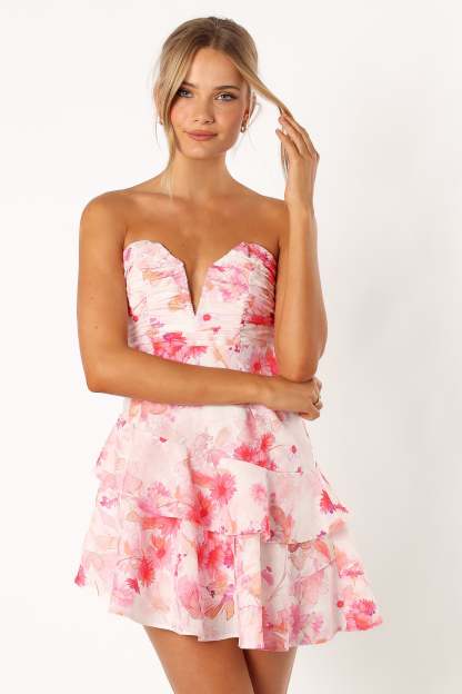 Sanal Tiered Mini Dress - Pink Floral-Sunny Prom