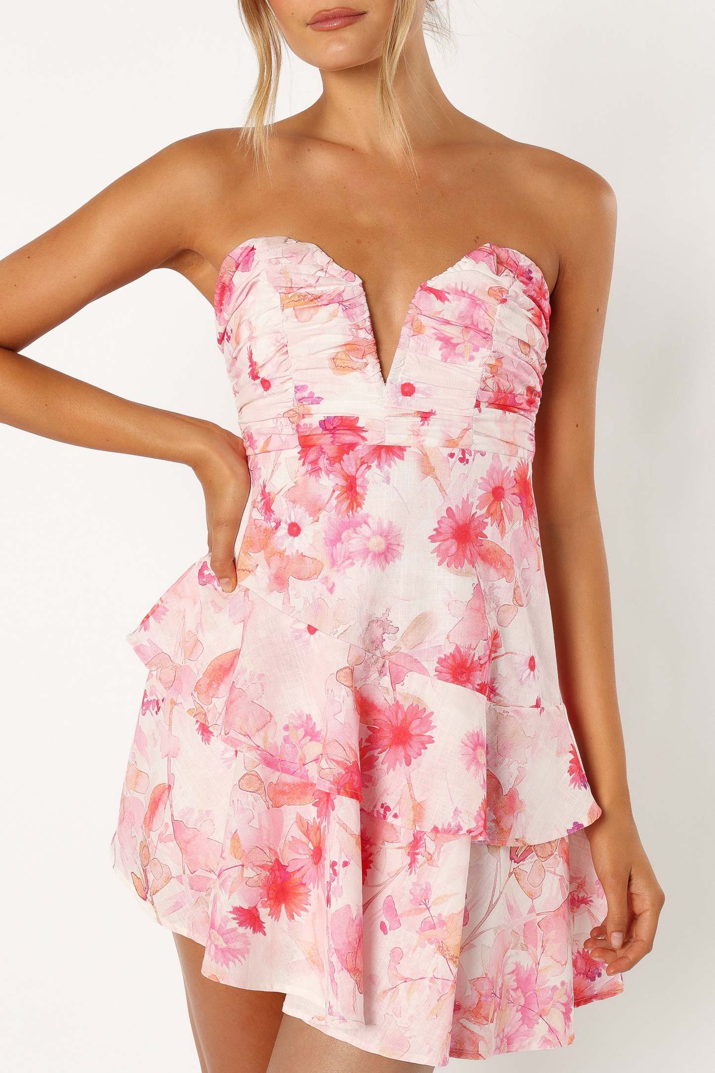 Sanal Tiered Mini Dress - Pink Floral-Sunny Prom