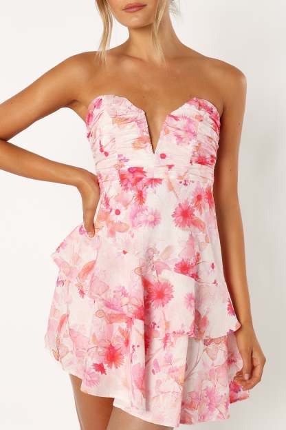 Sanal Tiered Mini Dress - Pink Floral-Sunny Prom