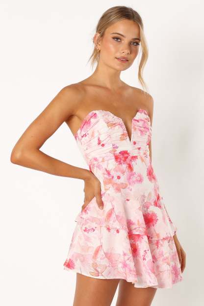 Sanal Tiered Mini Dress - Pink Floral-Sunny Prom