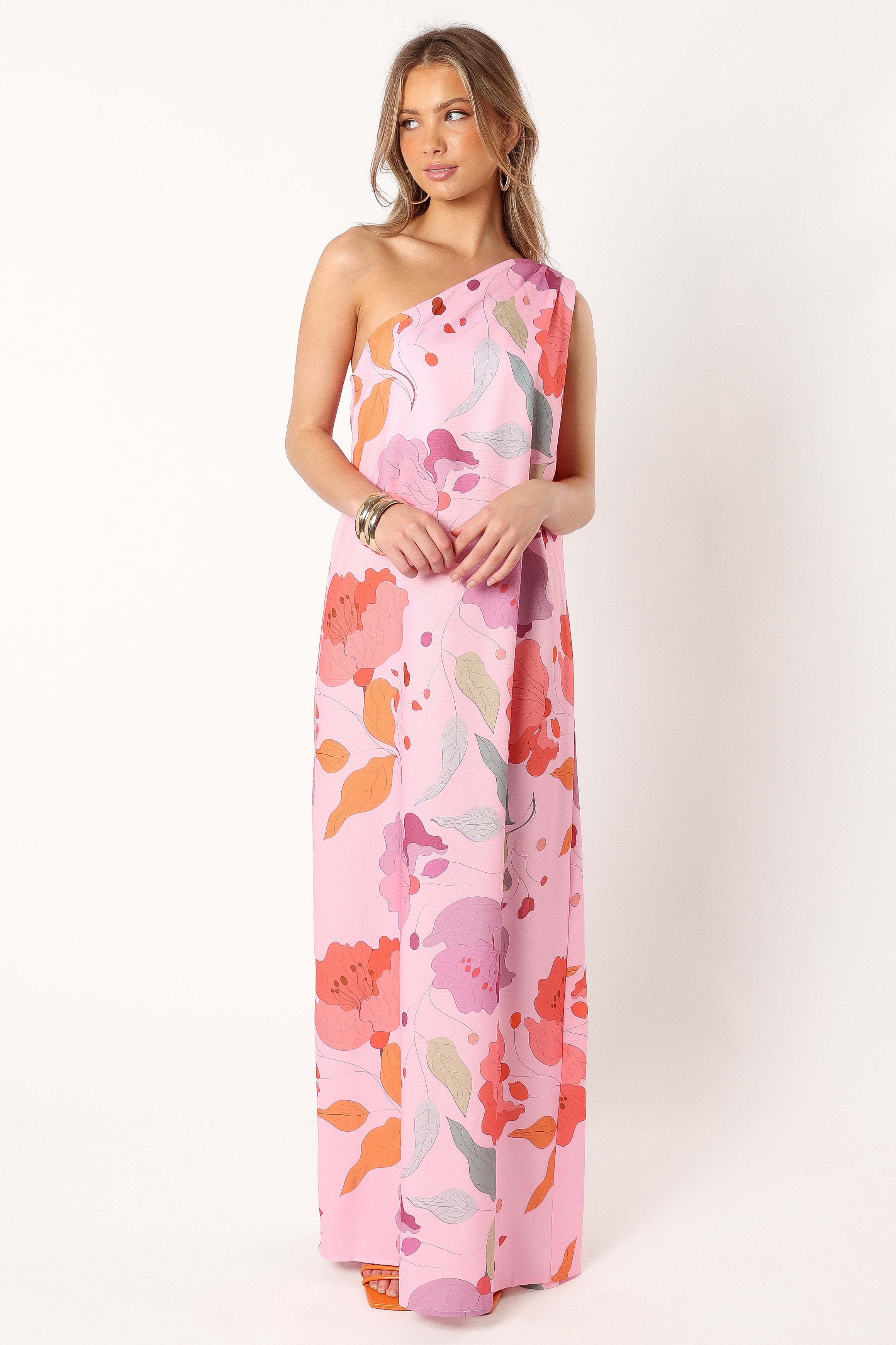 Tillie One Shoulder Maxi Dress - Pink Floral-Sunny Prom