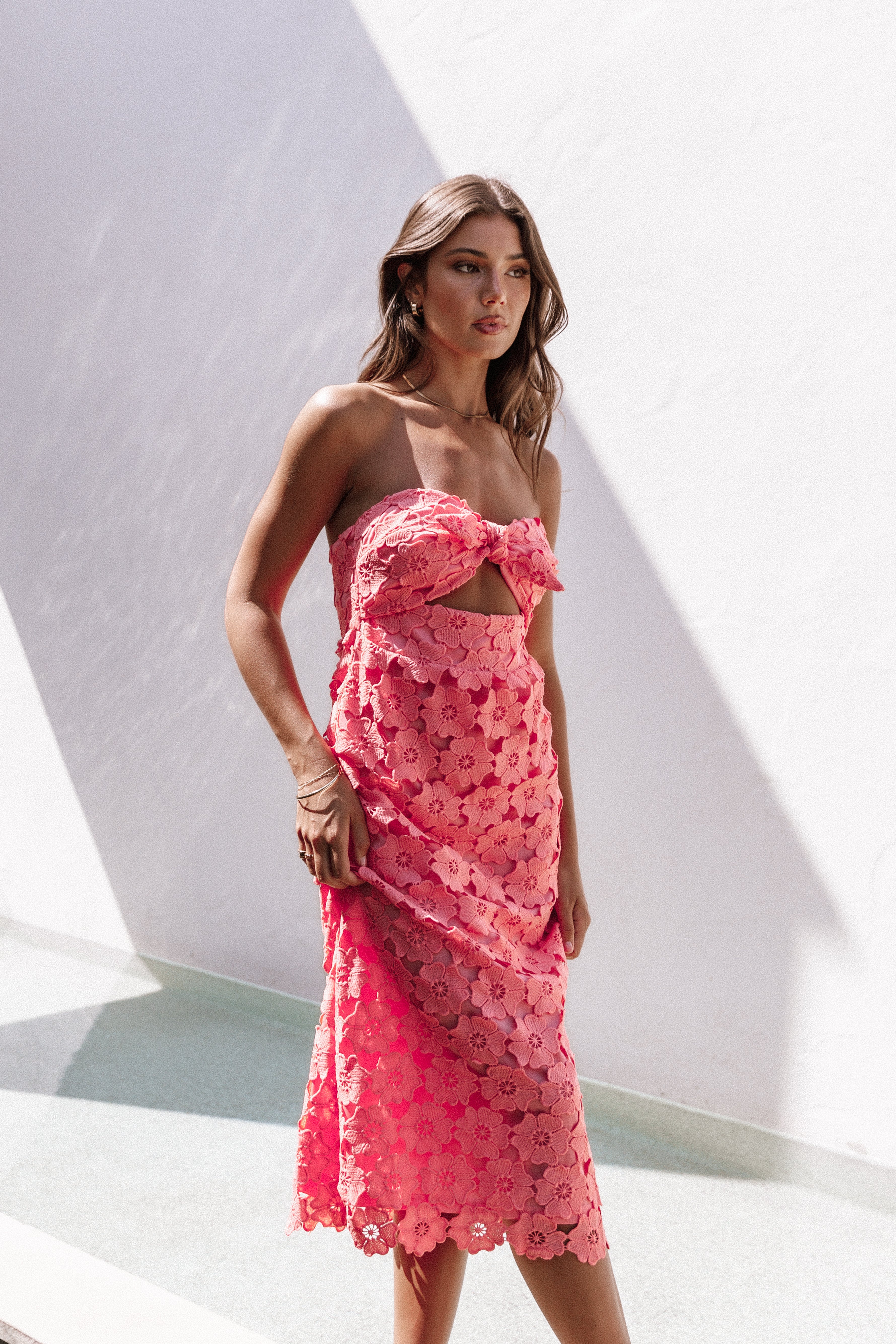 Tyler Strapless Midi Dress - Watermelon-Sunny Prom