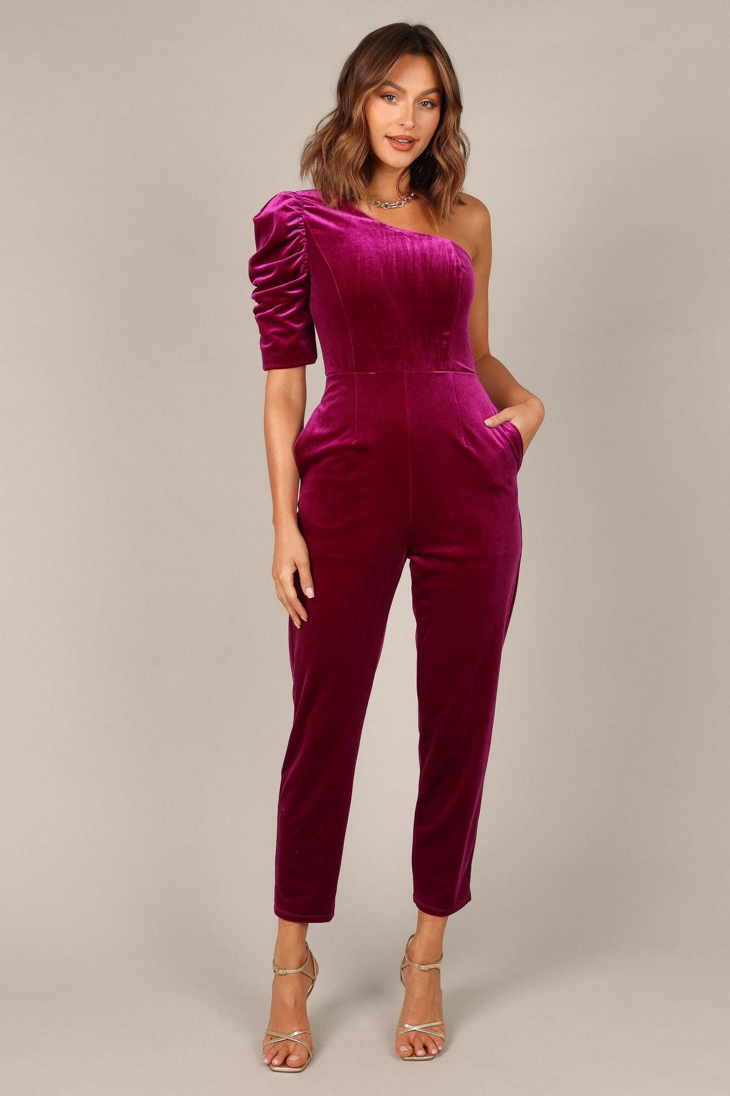Emmie One Shoulder Jumpsuit - Raspberry-Sunny Prom