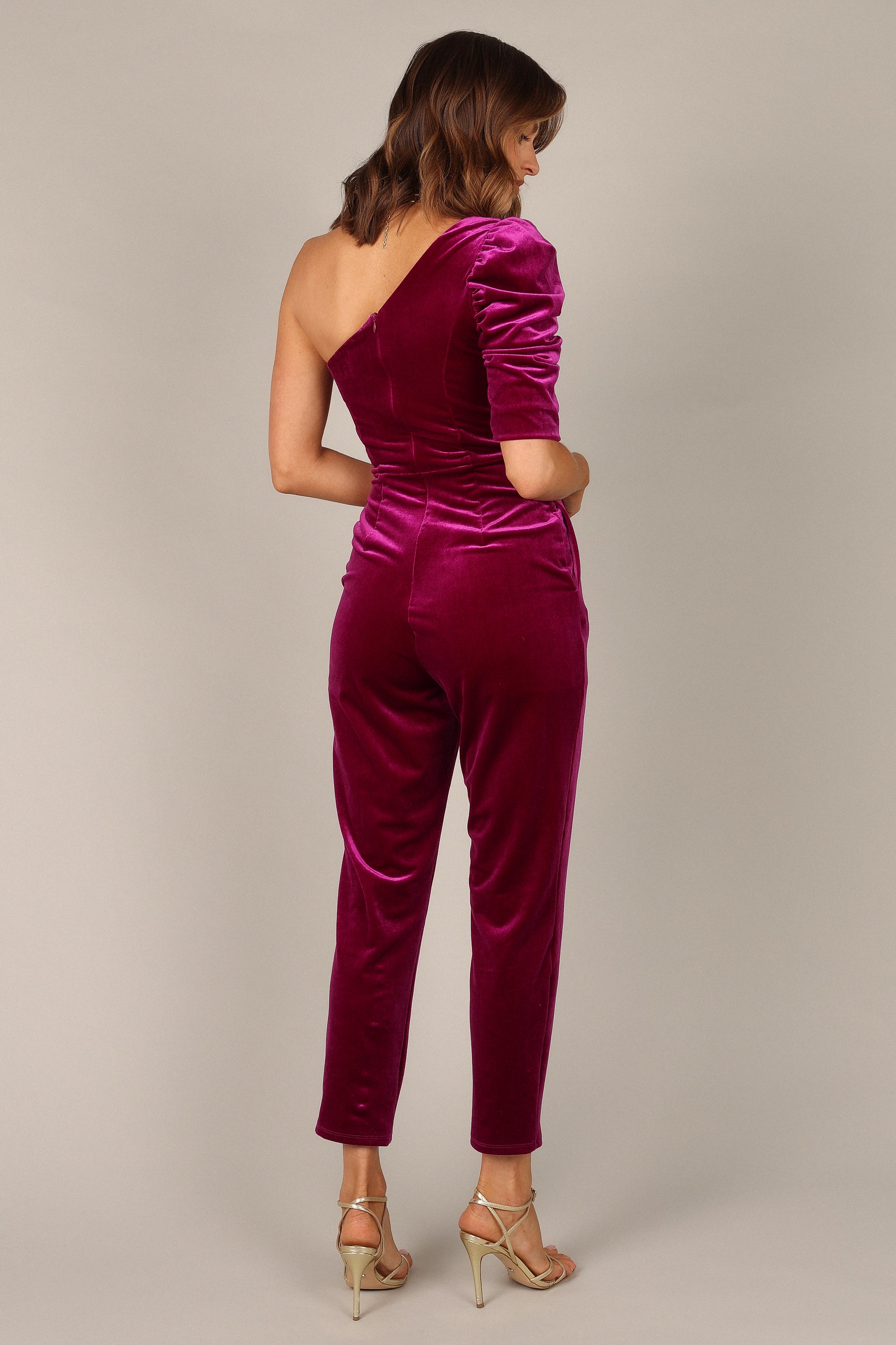 Emmie One Shoulder Jumpsuit - Raspberry-Sunny Prom