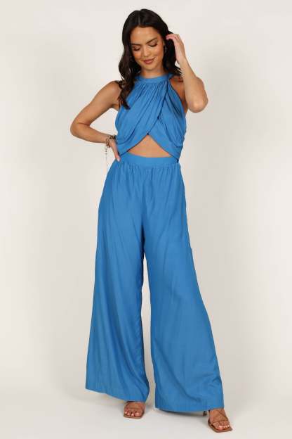 Mercedes Drape Front Jumpsuit - Capri Blue-Sunny Prom