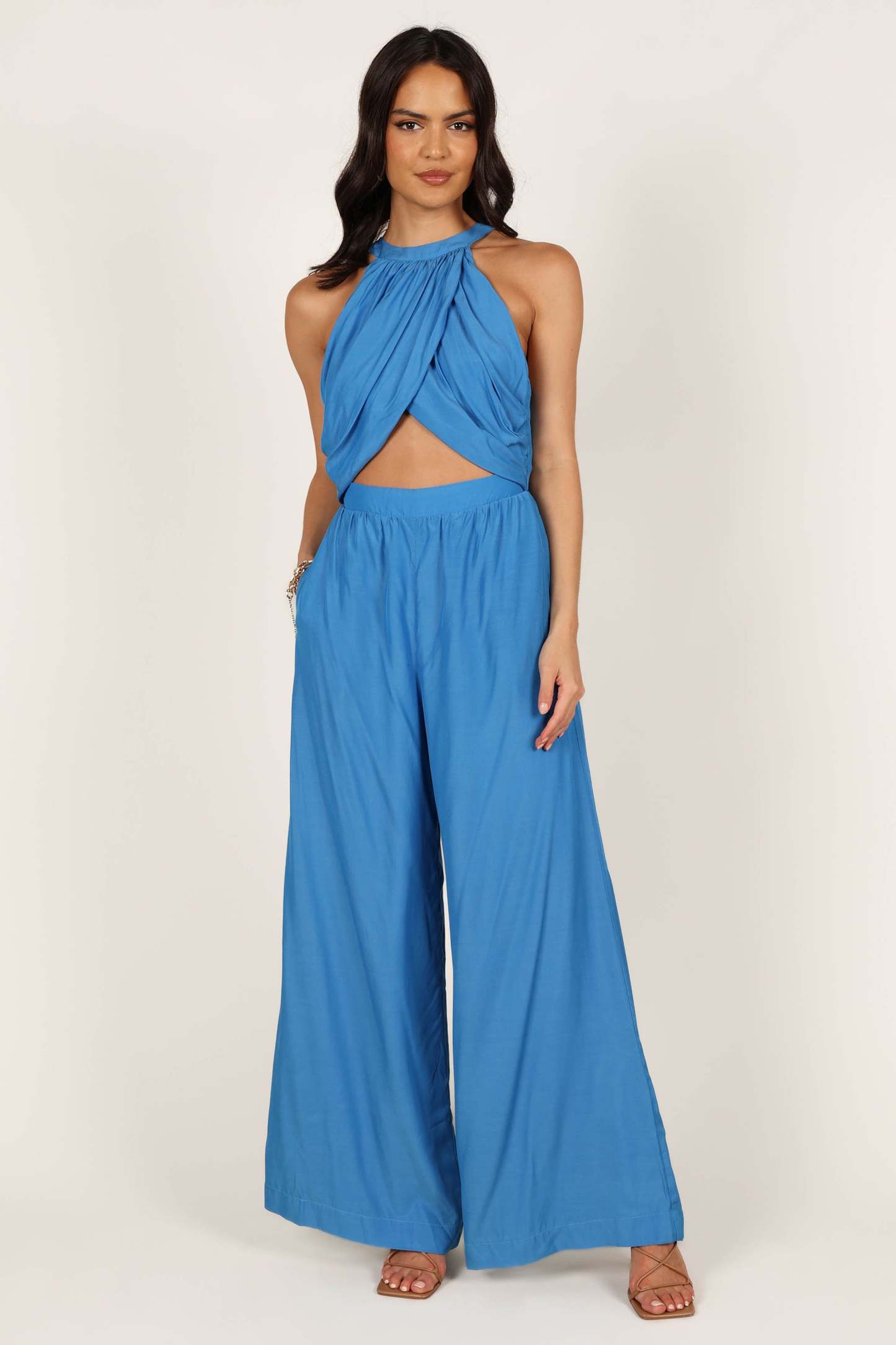 Mercedes Drape Front Jumpsuit - Capri Blue-Sunny Prom