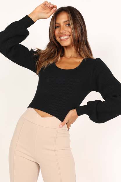Daphne Crewneck Bubble Sleeve Knit Sweater - Black-Sunny Prom