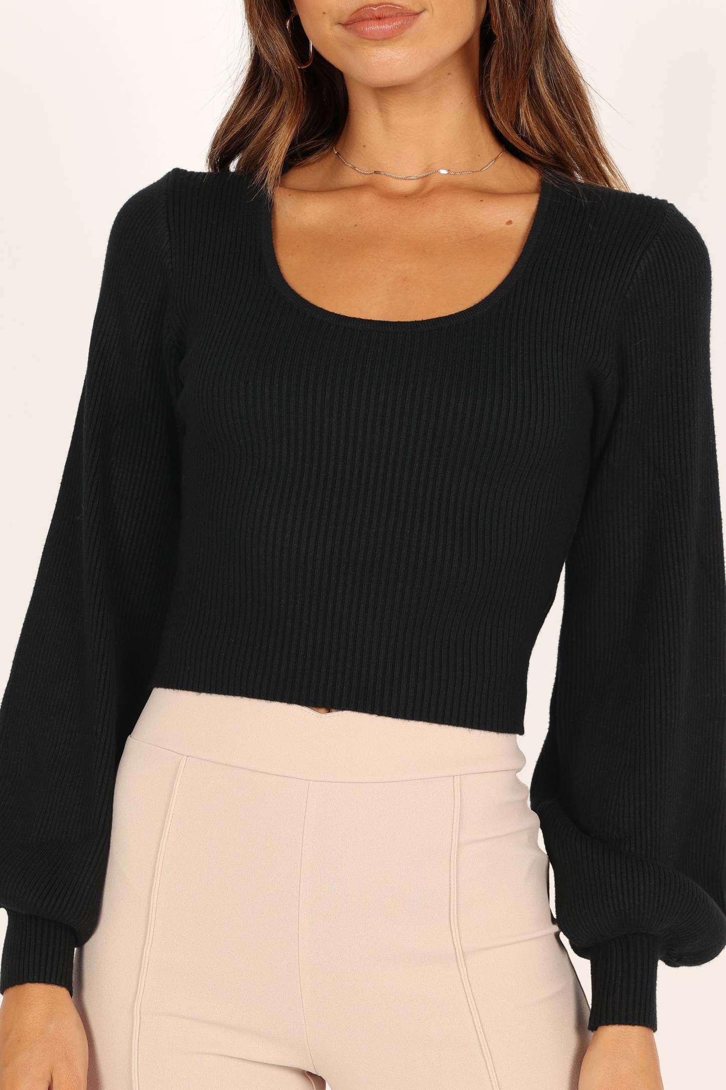 Daphne Crewneck Bubble Sleeve Knit Sweater - Black-Sunny Prom