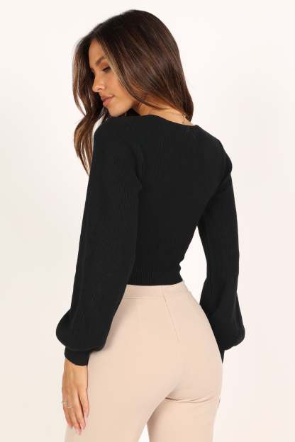 Daphne Crewneck Bubble Sleeve Knit Sweater - Black-Sunny Prom