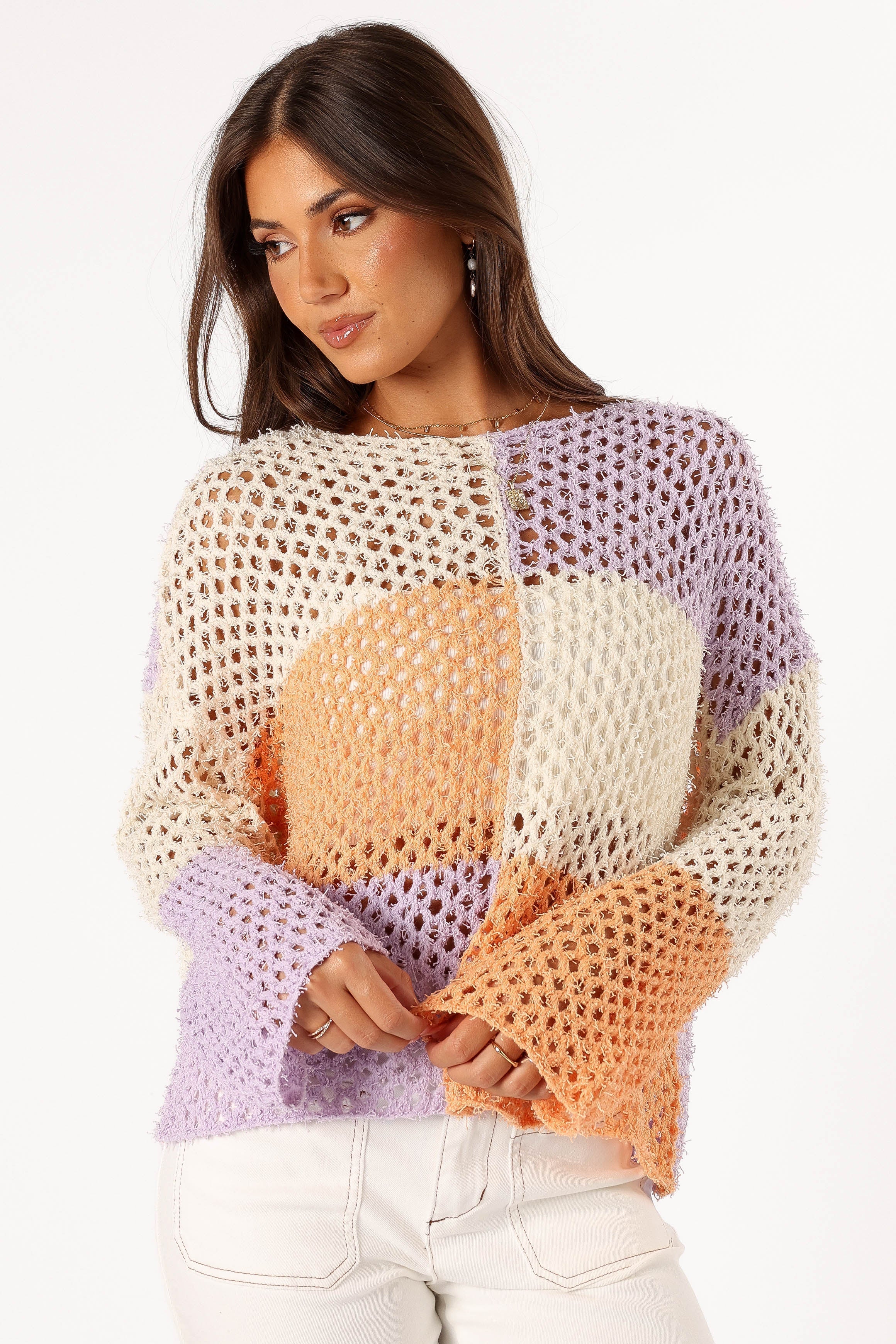 Dawn Color Block Knit Sweater - Cream Lavender-Sunny Prom