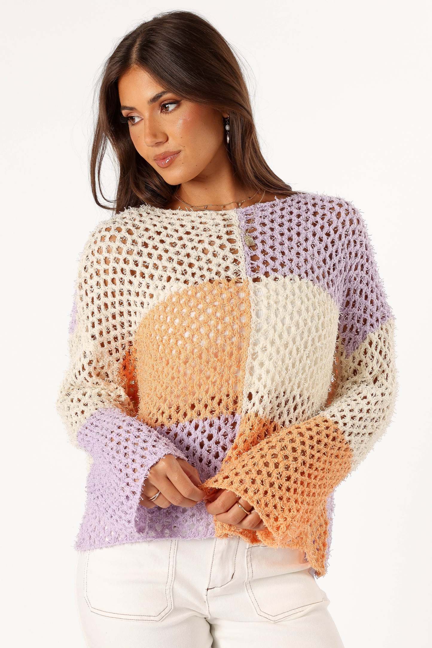 Dawn Color Block Knit Sweater - Cream Lavender-Sunny Prom