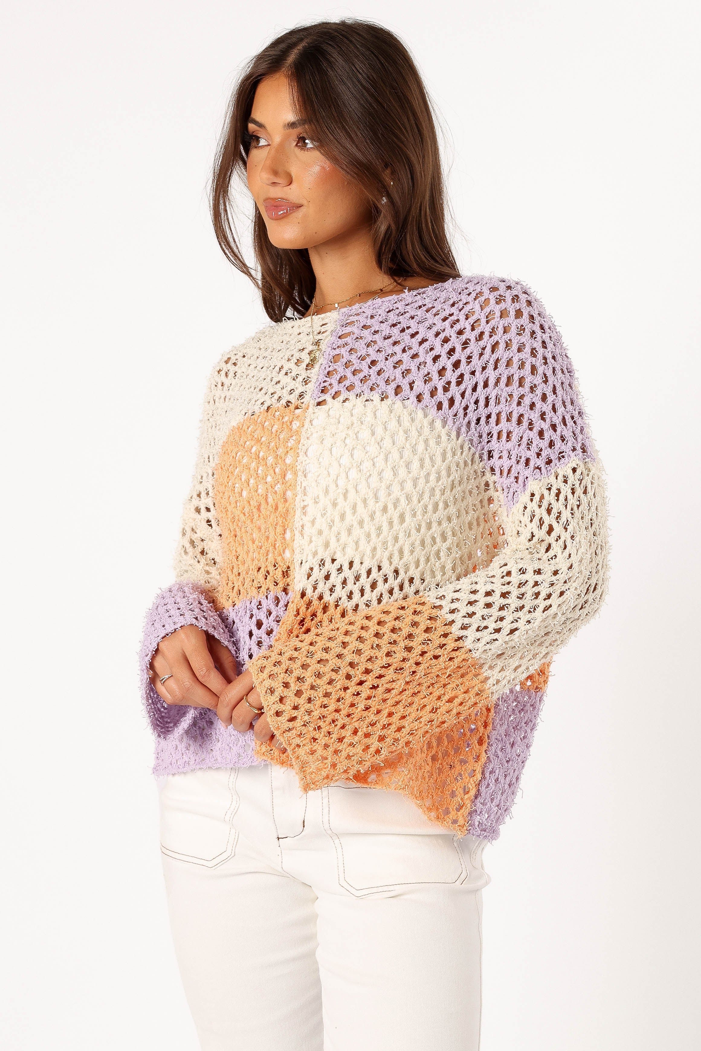 Dawn Color Block Knit Sweater - Cream Lavender-Sunny Prom