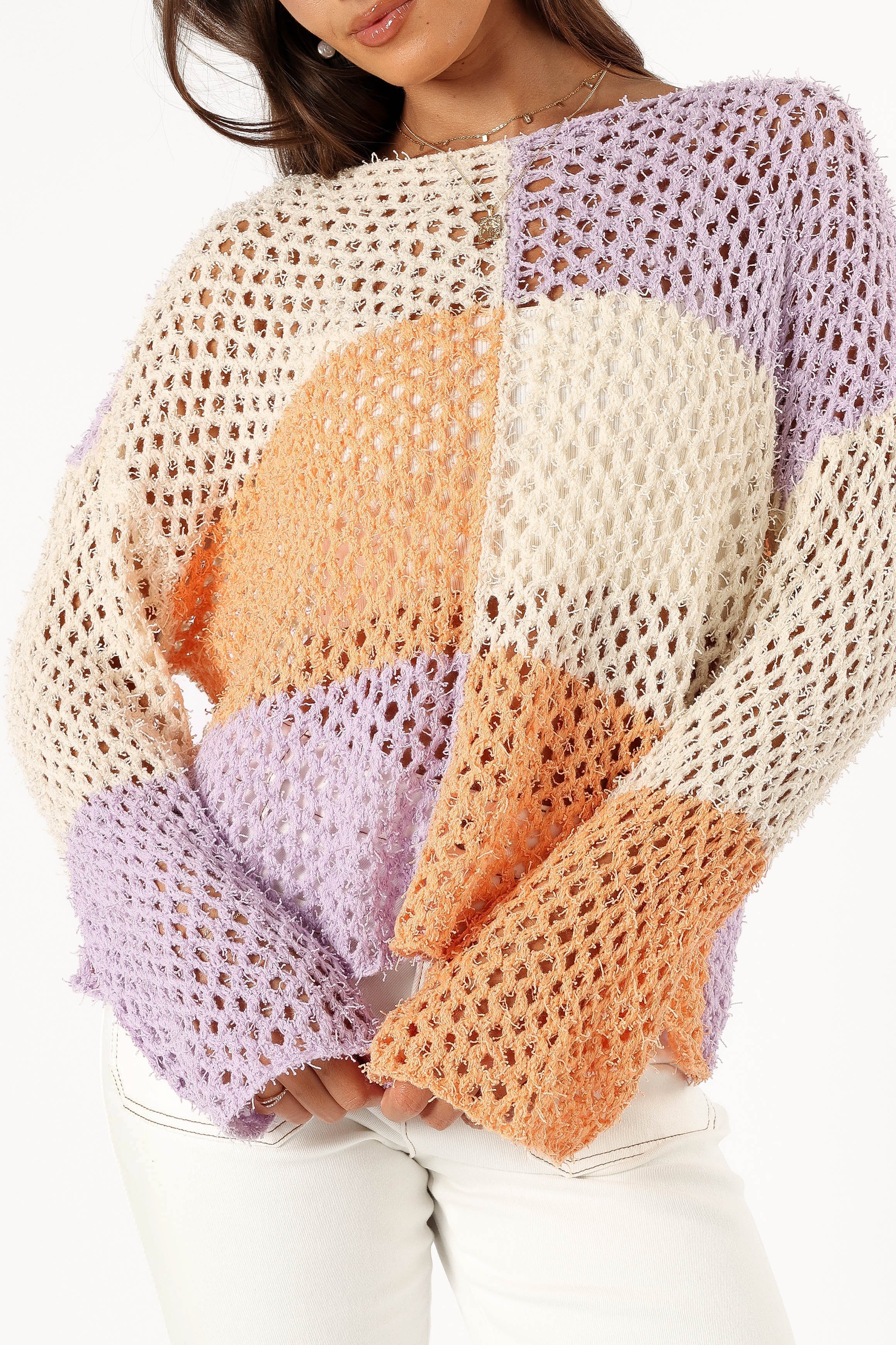Dawn Color Block Knit Sweater - Cream Lavender-Sunny Prom