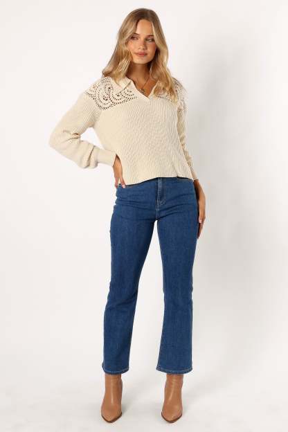 Emerie Crochet Detail Collar Knit Sweater - Ivory-Sunny Prom